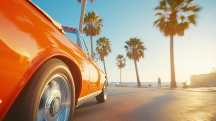 vibrant orange car on sunny coastal road, palm trees swaying gently, perfect for summer vibe or travel promotion