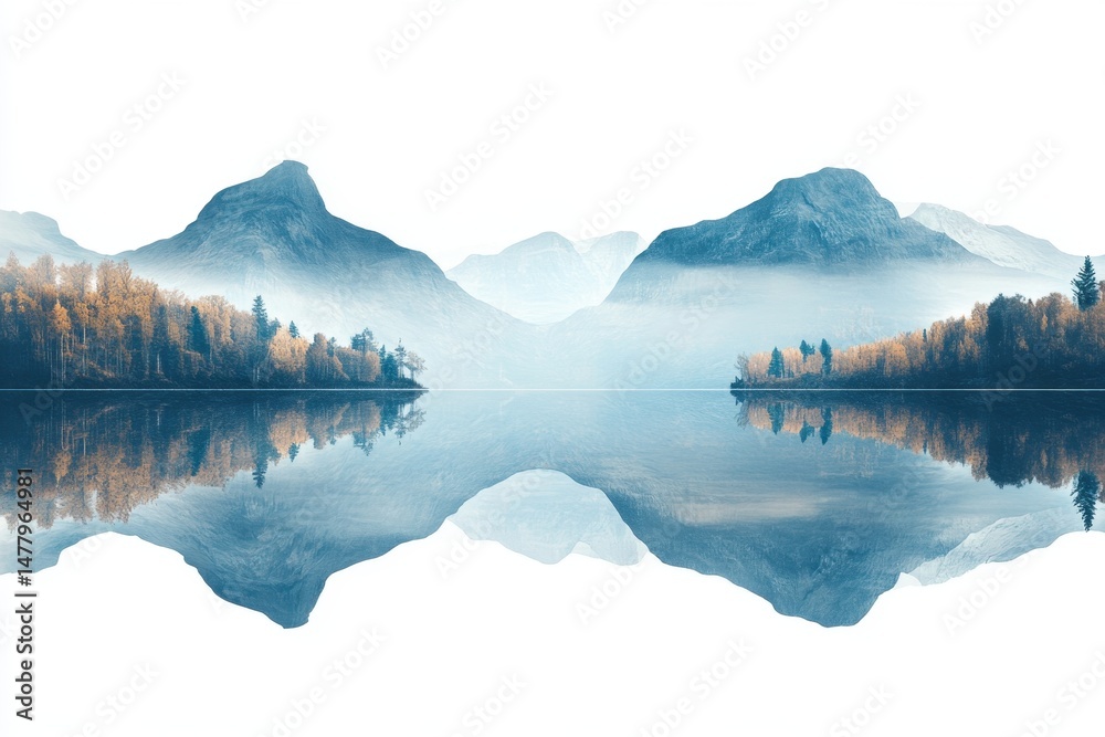 Poster mountain reflection in a tranquil lake during early morning with fog and golden trees framing the la