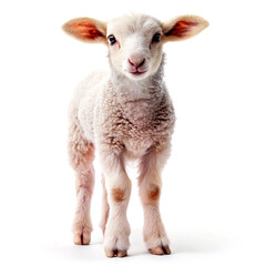 Fototapeta premium A full shot of a fluffy white lamb standing on a white background looking forward