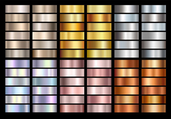 Gold rose, silver, bronze, copper and golden foil texture gradation background set. Vector shiny and metalic gradient collection for border, frame, ribbon design