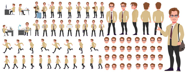 Man Character design. Front, side, back view and explainer animation poses. Character set with lip sync and facial expressions of Happy, angry, sad, Joy with Side walk cycle animation sequence sprite 