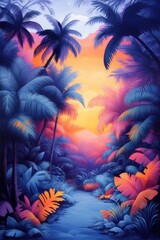 tropical sunset with palm trees Illustration. Free Space. 