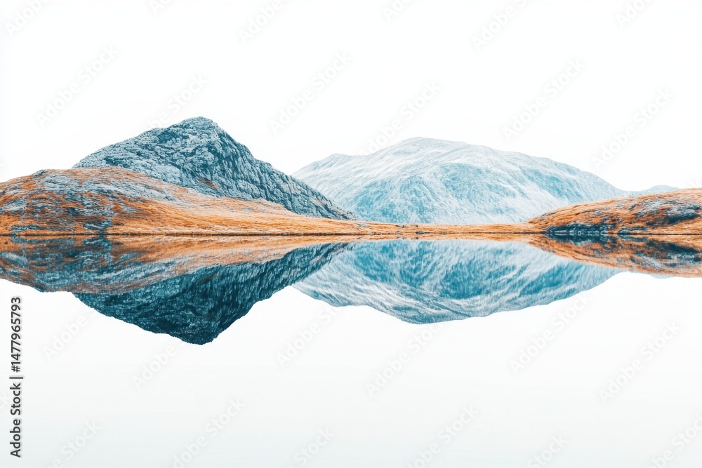 Poster mountain reflection in a tranquil lake during early morning with fog and golden trees framing the la