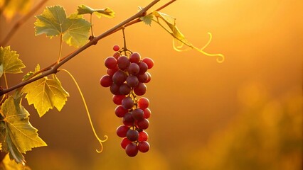A bunch of ripe red grapes hangs on a vine in a vineyard during golden hour, symbolizing harvest, natural beauty, and the abundance of fruit.
