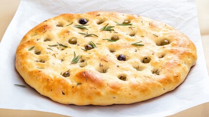 Fresh sourdough focaccia with olives and rosemary on parchment, golden crust, top view, rustic baking scene, natural daylight, simple and artisanal look