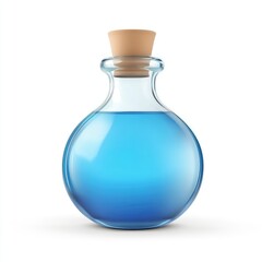 Round glass bottle with light blue liquid and cork stopper.