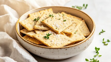 Rustic sourdough crackers with herbs and sea salt in ceramic bowl, soft light and linen napkin, perfect for sustainable snack and healthy eating visuals...