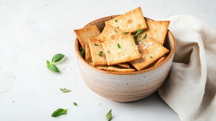 Rustic sourdough crackers with herbs and sea salt in ceramic bowl, soft light and linen napkin, perfect for sustainable snack and healthy eating visuals...