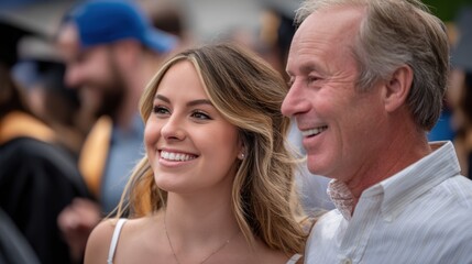 Fototapeta premium Smiling graduate with proud father at outdoor ceremony graduation day and perfect for father's day
