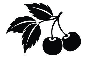 Stylized Black Silhouette of Two Cherries with Leaves Vector Illustration
