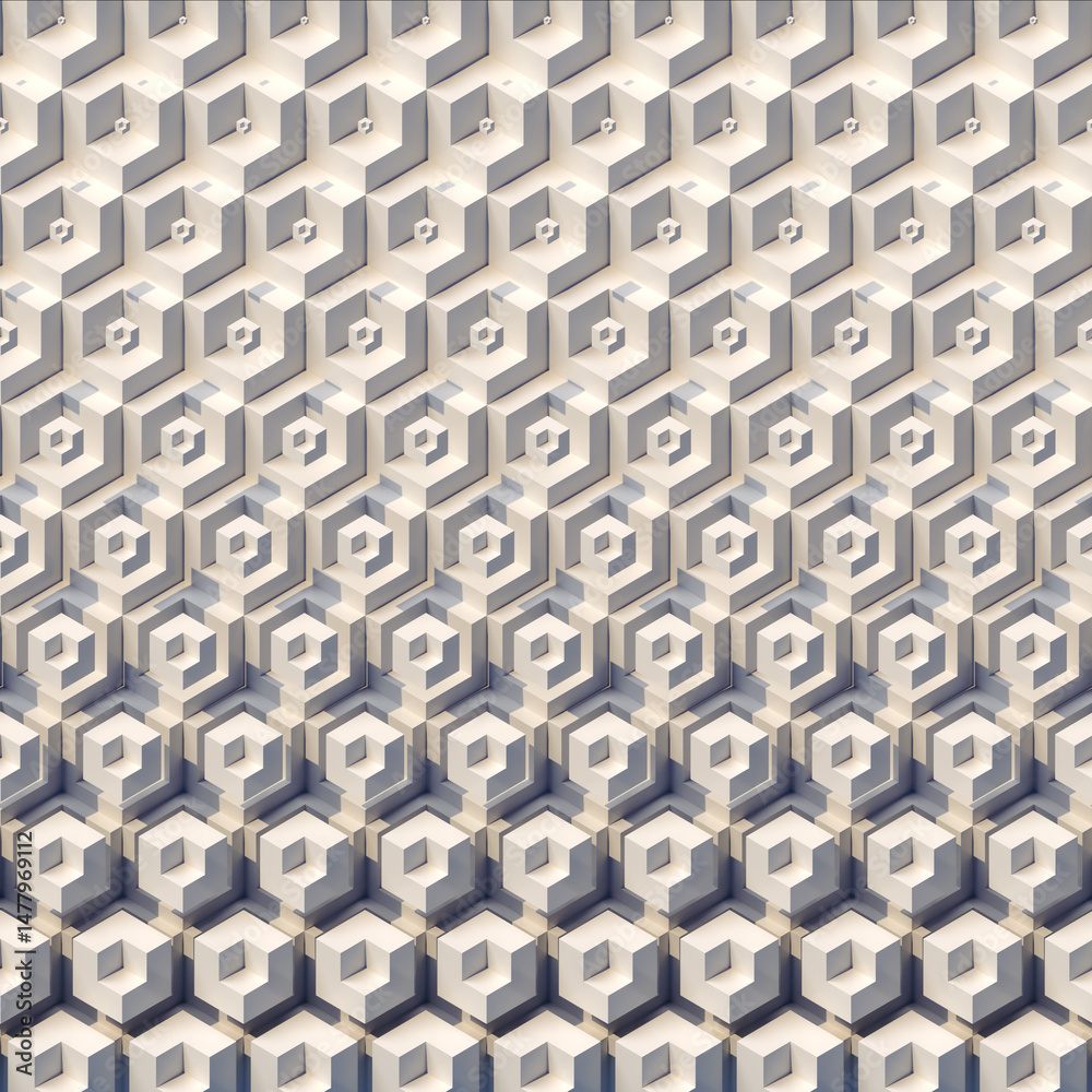 Poster Geometric composition from a grid of cubes in orthogonal projection. Calm grays and beiges create a neutral mood. 3d rendering digital illustration