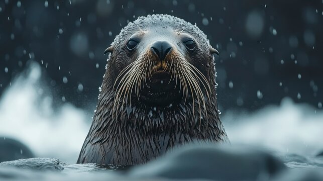 A majestic marine mammal emerging from icy waters showcasing its wet fur and whiskers in a col