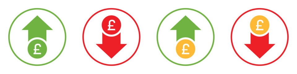 Set of financial icons with pound currency symbols, green up arrows and red down arrows, representing price increase and decrease, earnings growth, loss, inflation, and deflation indicators