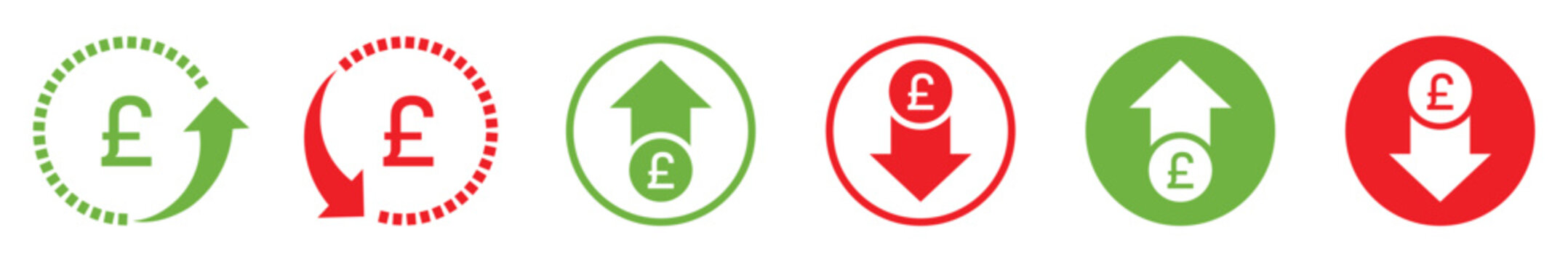 Set of financial icons with pound currency symbols, green up arrows and red down arrows, representing price increase and decrease, earnings growth, loss, inflation, and deflation indicators.