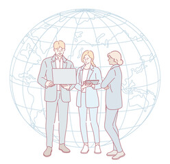 An illustration shows professionals collaborating over a laptop, set against a globe symbolizing connectivity