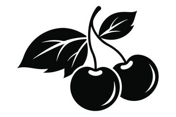 Black Silhouette of Two Cherries with Leaves Illustration Vector Image