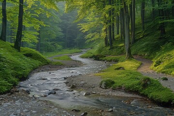 Obraz premium Verdant forest path winding through a meandering stream.