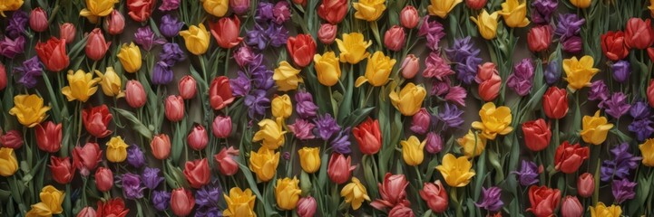 Naklejka premium Textured paper backdrop, vibrant tulips, daffodils, hyacinths, bursting with spring color , nature, blossom