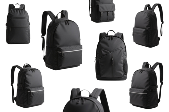 Variety of Stylish Black Backpacks, transparent background