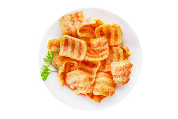 Chips bacon crispy rashers corn snacks fast food natural food fresh dish on the table rustic food top view copy space