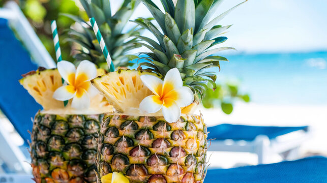 Two fresh pineapples filled with pina colada, with straws and plumeria flowers, placed near a beach chair against the backdrop of the Caribbean Sea.