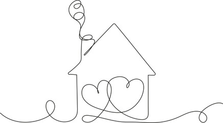 Continuous line drawing of a house with two hearts inside, symbolizing warmth, comfort, care, and a cozy home atmosphere. Minimalistic and emotional linear design perfect for concepts of family, love