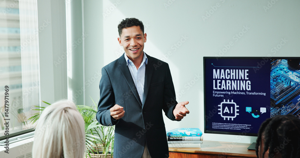 Aufkleber Businessman, coach and presentation with screen for machine learning, AI program or workshop. Man, employee or speaker with explanation for future technology, digital automation or communication