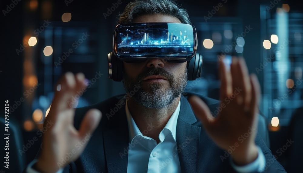 Leinwandbilder man in business attire experiences virtual reality in a modern office setting during evening hours