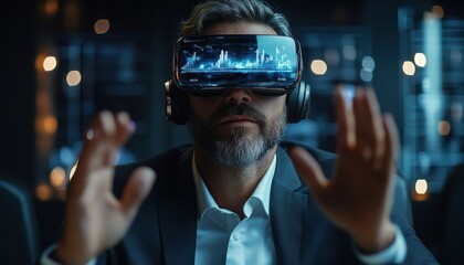 Man in business attire experiences virtual reality in a modern office setting during evening hours