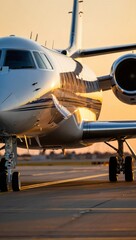 Private Jet on Runway at Golden Hour &ndash; Cinematic Ultra-Realistic Close-Up with Reflective Detail