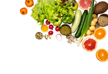 Fresh Organic Vegetables and Fruits Flat Lay with Legumes on png Background.Healthy Plant-Based Food Ingredients with Citrus, Greens and Legumes.
Detox Diet Essentials with Ample Copy Space, Overhead
