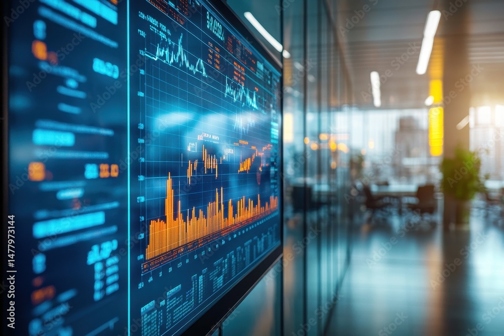 Poster Modern office displaying digital financial data and stock market trends during business hours with reflections of cityscape in the background