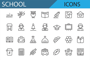 Academic icons including graduation, books, and learning tools