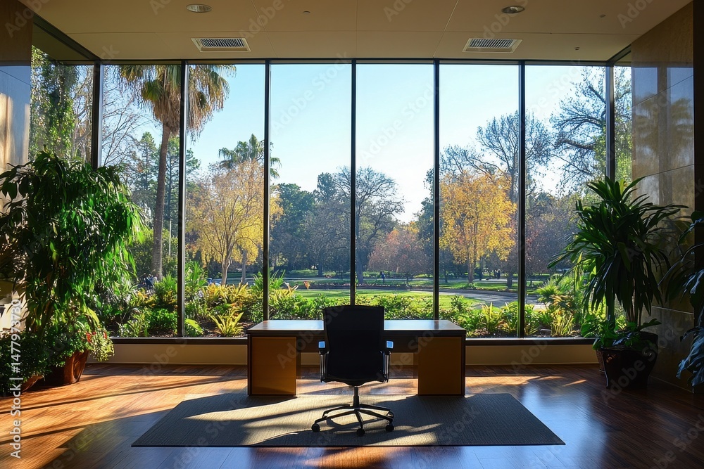 Poster Calm workspace with a view of lush greenery and colorful trees in a serene park during daytime