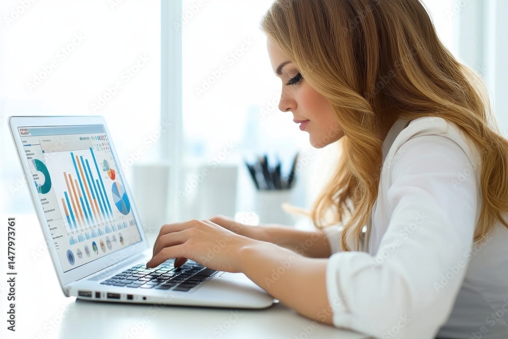 Aufkleber woman working on laptop with business data analysis charts and graphs in modern office environment d