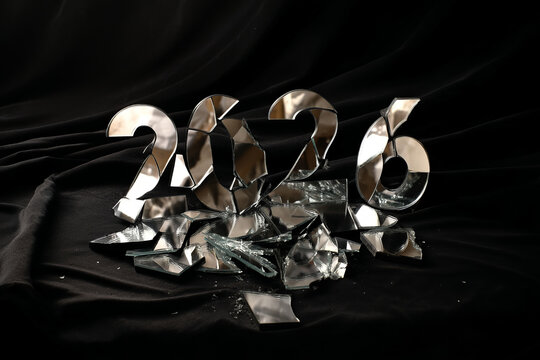 Shattered glass forming 2026, symbolizing broken resolutions, future uncertainties, New Years Eve reflections, and the Japanese Hanami renewal - Powered by Adobe