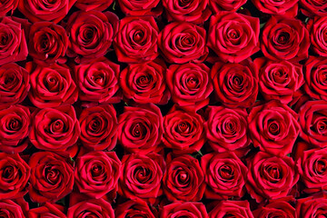 Beautiful full frame view of freshly cut red roses in a dense floral arrangement