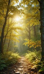 Obraz premium Golden leaves dappled sunlight, lush green undergrowth, foliage, backdrop