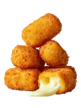 A golden brown stack of fried cheese curds with one broken apart, displaying creamy melted cheese against a pure white studio background for snack ideas.