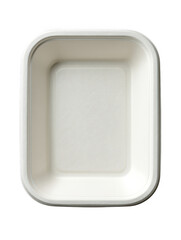 An empty biodegradable rectangular container made from sustainable material is displayed on a clean white background in a close up studio shot for product packaging.