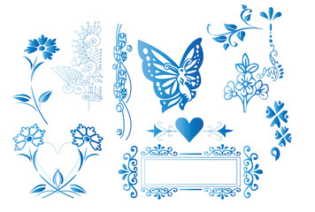 A collection of stylized, decorative elements in a vibrant, gradient blue.