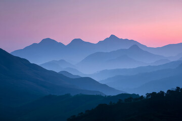 Naklejka premium Serene twilight whispers over misty mountain silhouettes, evoking the tranquil magic of Obon celebrations and Alpine glow folklore