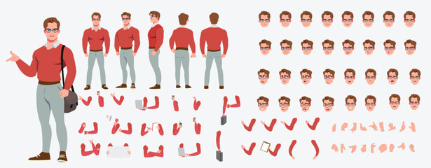 Man Character design. Front, side, back view and explainer animation poses. Character set with lip sync and facial expressions of Happy, angry, sad, Joy with Side walk cycle animation sequence sprite 