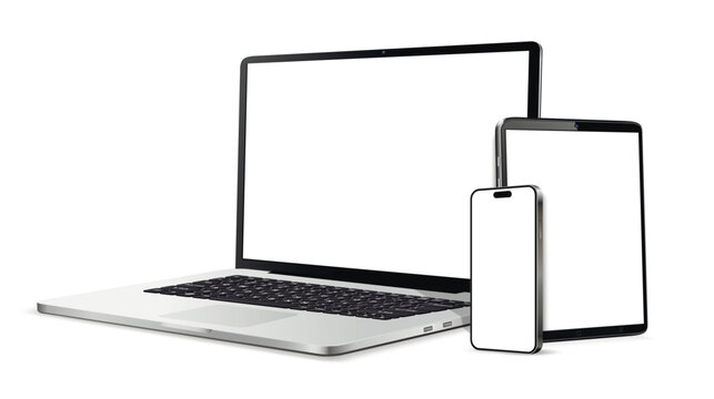 Laptop computer, tablet and cellphone realistic devices mockup