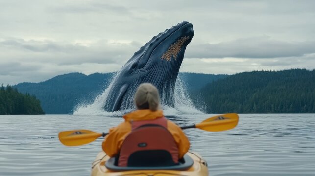 Adventurous kayaker witnessing a breaching whale, vibrant kayak in the foreground, breathtaking ocean scenery, thrill of nature.