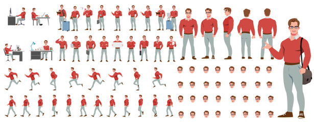 Man Character design. Front, side, back view and explainer animation poses. Character set with lip sync and facial expressions of Happy, angry, sad, Joy with Side walk cycle animation sequence sprite 