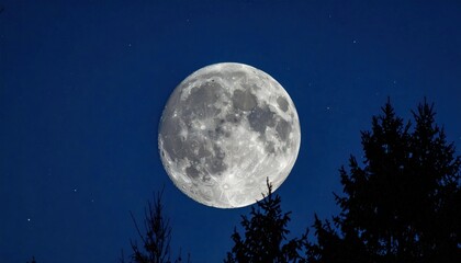 Magnificent full moon illuminates the night sky above the dark forest