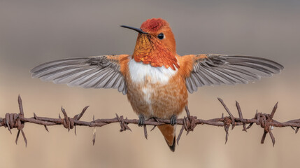 Rufous hummingbird perched defiantly on barbed wire, wings aloft, echoing resilience and freedom during National Bird Day's serenade