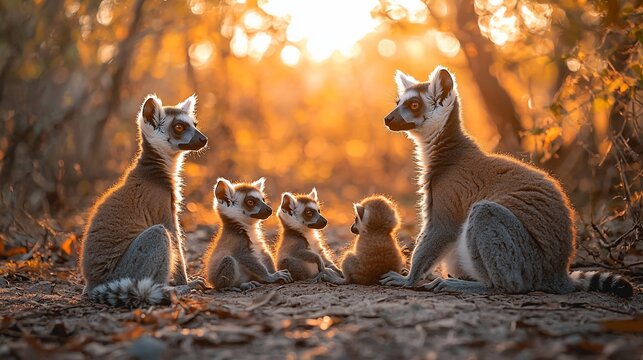 Ring-tailed lemurs in golden sunlight - Powered by Adobe