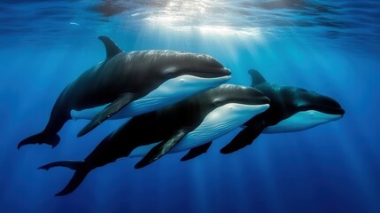 Fototapeta premium Playful dolphins swimming together, group of three dolphins gliding through water in bright blue ocean, perfect for marine themes.
